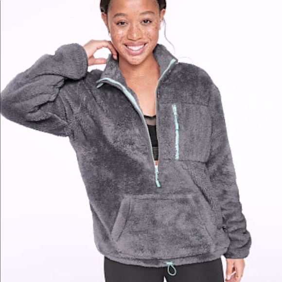 New Victoria’s Secret PINK Teddy Half-Zip Pullover Gray Medium - Picture 1 of 3